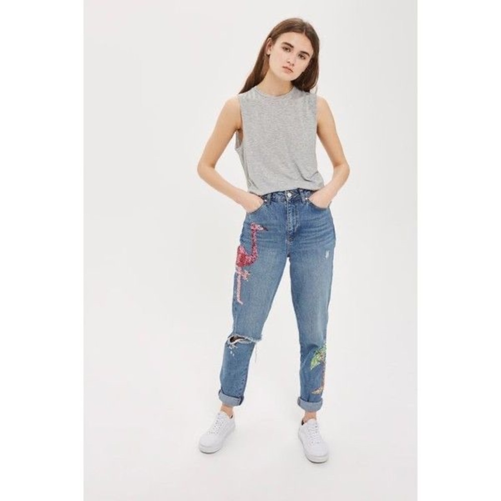 Topshop Flamingo Sequin Moto Mom Jeans Size 30 High Waisted Denim Fun Palm Tree - Picture 4 of 13